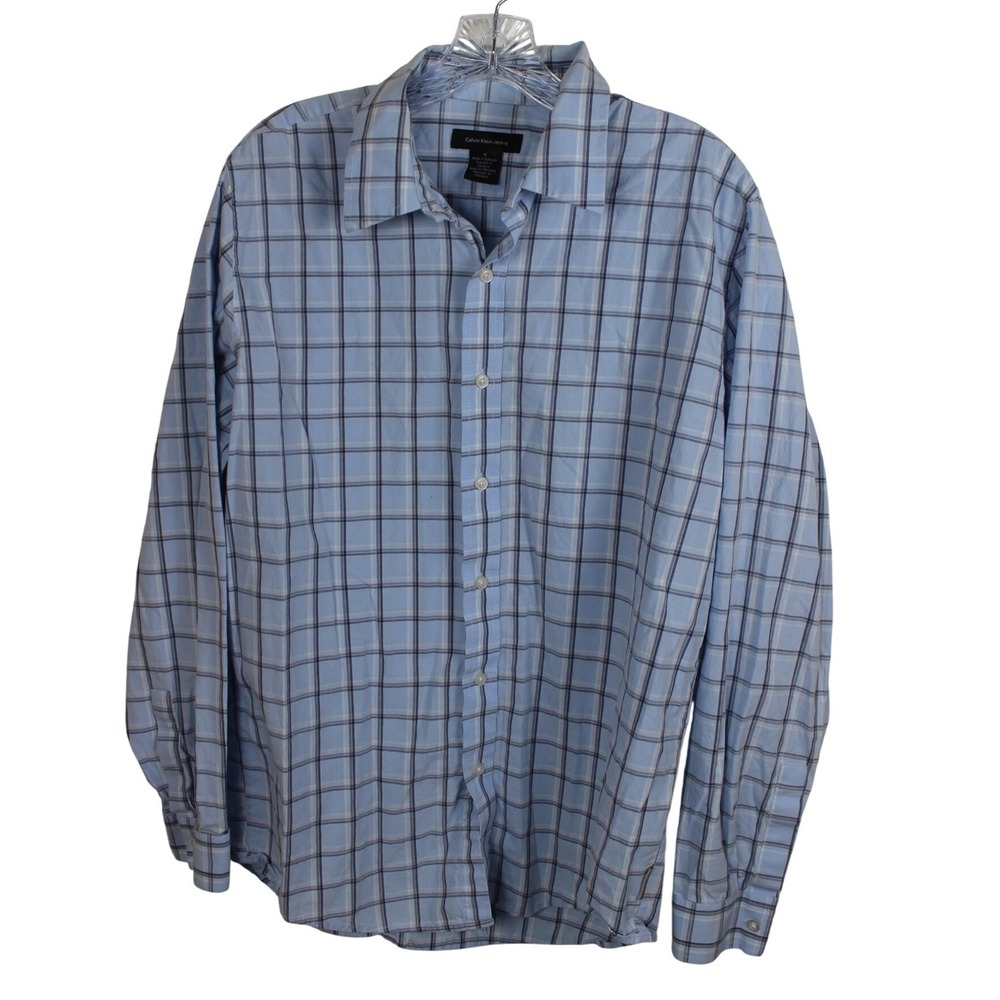 Calvin Klein Jeans Mens Blue Plaid Long Sleeve Button Down Cotton Shirt Size M
